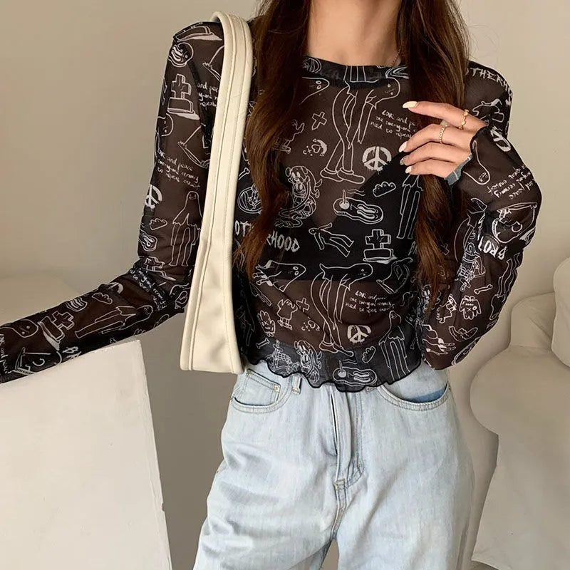 Spooky Mesh Ruffle Long Sleeve Shirt