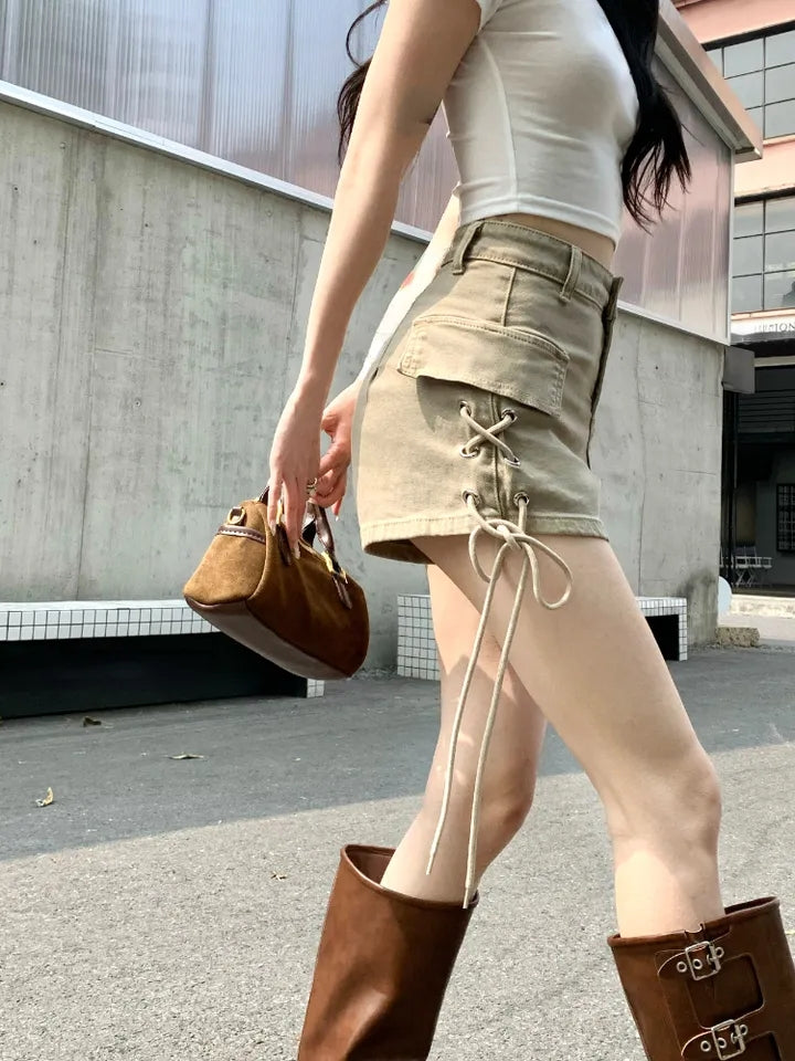 Lace Up High Waist Denim Shorts