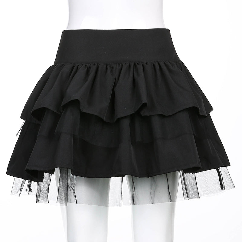 Cute Black Goth Lace Up High Waisted Ruffle Skirt Punk Bandage A-line Lace Trim Tutu Casual E-Girl Kawaii Korean Japanese Harajuku Streetwear