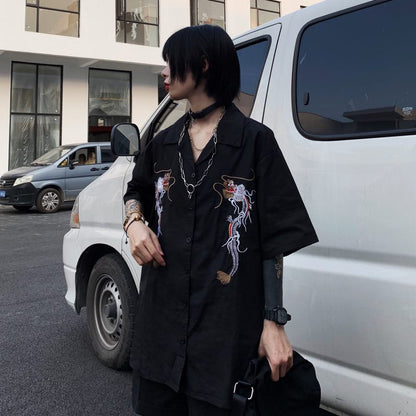 Dragon Embroidery Vintage Black Blouse Button Down Casual Loose Short Sleeve Tee Shirt T-shirt Top E-Girl Kawaii Korean Japanese Harajuku Streetwear