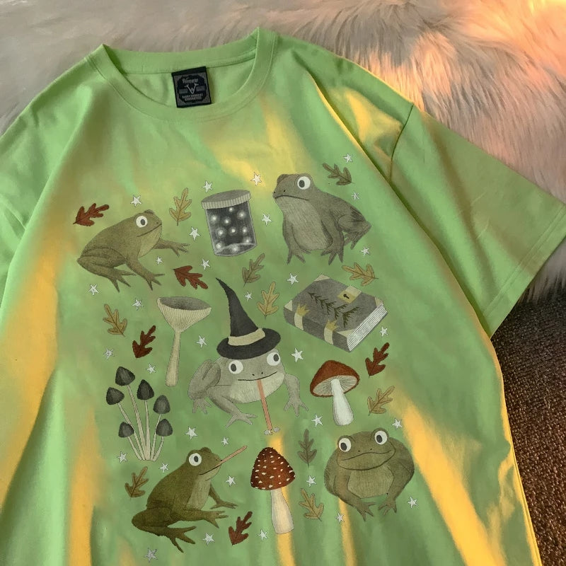 Cute Frog Magic Mushroom Witchcraft Print Short Sleeve T- Shirt Top Aesthetic Casual Summer E-Girl Kawaii Korean Japanese Harajuku