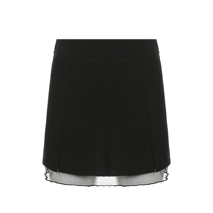Black Split Mesh Frill Patchwork Mini Skirt