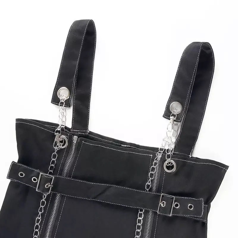 Sexy Black Casual Chain Metal Sling Belt Zipper Short Mini Dress Punk Goth E-Girl Kawaii Korean Japanese Harajuku Streetwear