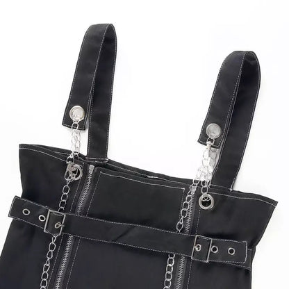 Sexy Black Casual Chain Metal Sling Belt Zipper Short Mini Dress Punk Goth E-Girl Kawaii Korean Japanese Harajuku Streetwear