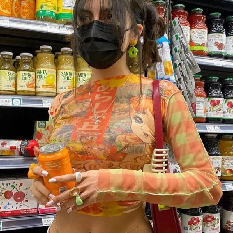 Cute Vintage Sheer Mesh 90s Long Sleeve Shirt Crop Top Summer Aesthetic Casual Streetwear E-Girl Kawaii Korean Japanese Harajuku