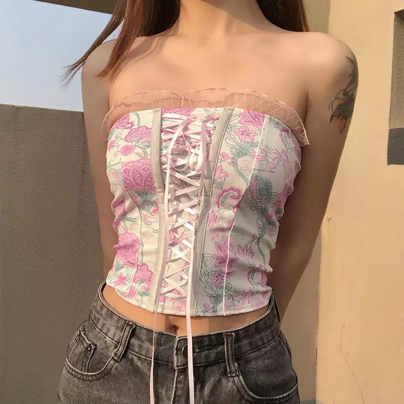 Pink Floral Print Corset Bandage Bustier Crop Top Sleeveless Shirt Summer Aesthetic Casual E-Girl Kawaii Korean Japanese Harajuku