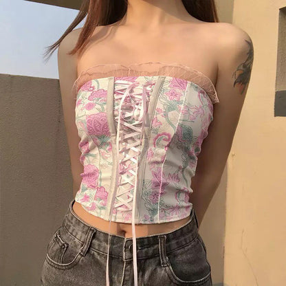 Pink Floral Print Corset Bandage Bustier Crop Top Sleeveless Shirt Summer Aesthetic Casual E-Girl Kawaii Korean Japanese Harajuku