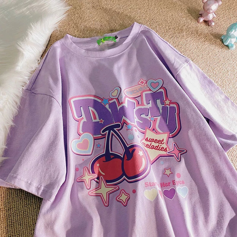 Cherry Print Loose Short Sleeve T-shirt