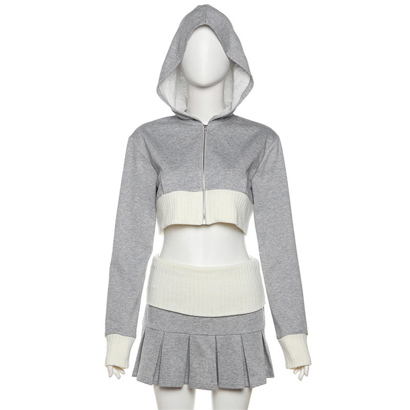 2PCS Grey Cropped Hoodie + Pleated Mini Skirt