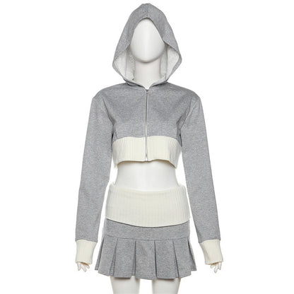 2PCS Grey Cropped Hoodie + Pleated Mini Skirt