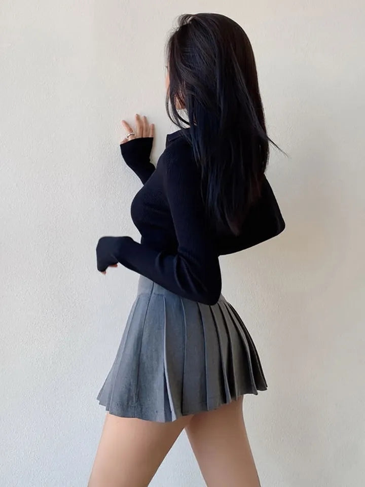 Grey Split Pleated Mini Skirt