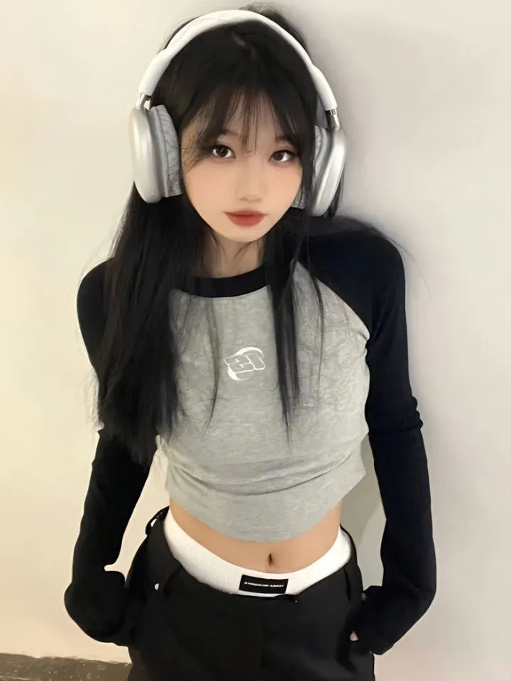 Black & Grey Patchwork Long Sleeve Crop Top
