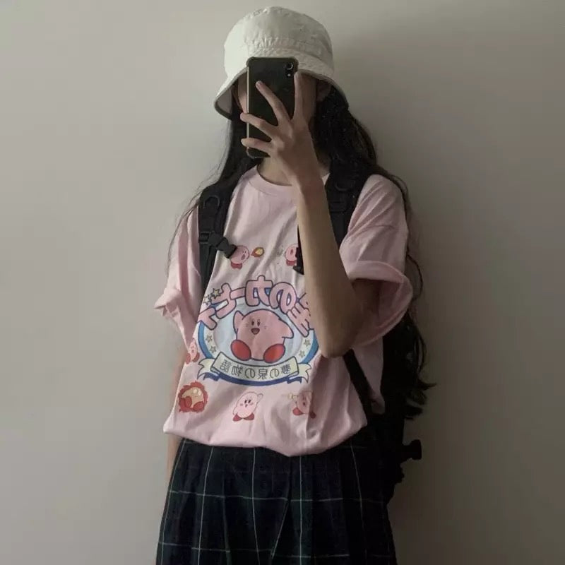 Pastel Pink Japanese Anime Graphic Cartoon Print Loose Short Sleeve T-shirt