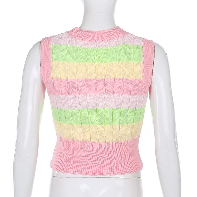 Cute Pink Rainbow Stripe Tie Dye Sleeveless V Neck Knit Vest Sweater Top Pullover Autumn Aesthetic E-Girl Kawaii Korean Japanese Harajuku Streetwear