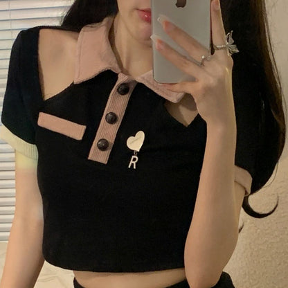 Black Off Shoulder Hollow Out Short Sleeve T-shirt