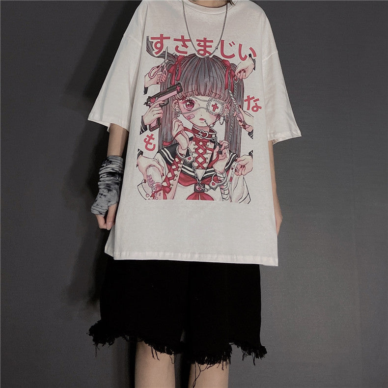 Cute Japanese Girl Punk Goth Print Oversized Short Sleeve Shirt Tee T-shirt E-Girl Kawaii Korean Japanese Harajuku Retro Streetwear Aesthetic