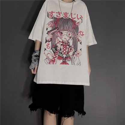 Cute Japanese Girl Punk Goth Print Oversized Short Sleeve Shirt Tee T-shirt E-Girl Kawaii Korean Japanese Harajuku Retro Streetwear Aesthetic