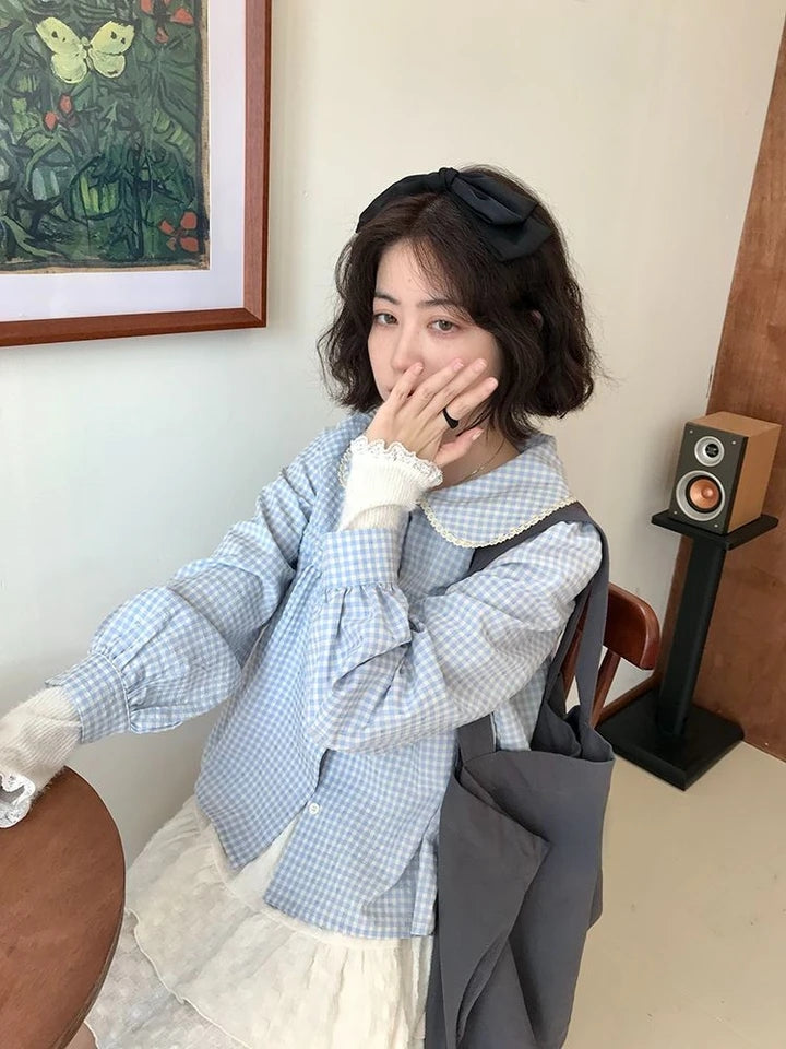Blue Plaid Puff Long Sleeve Shirt