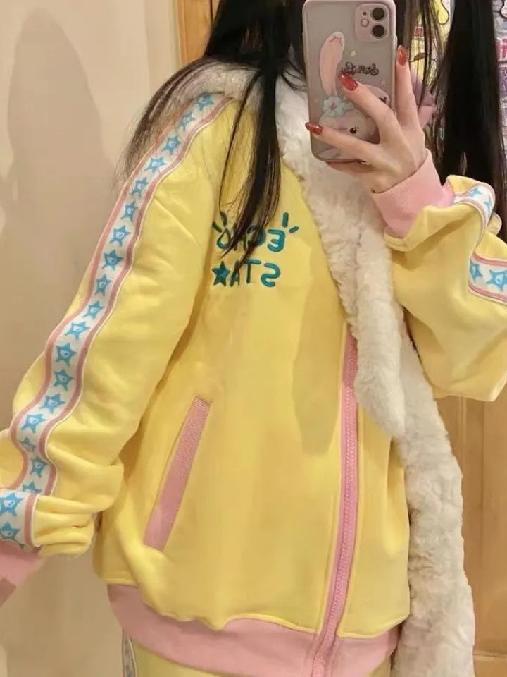 Yellow Y2K Star Embroidery Zip Up Jacket