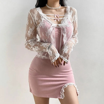 Brown Lace Mesh Tie Up Cardigan