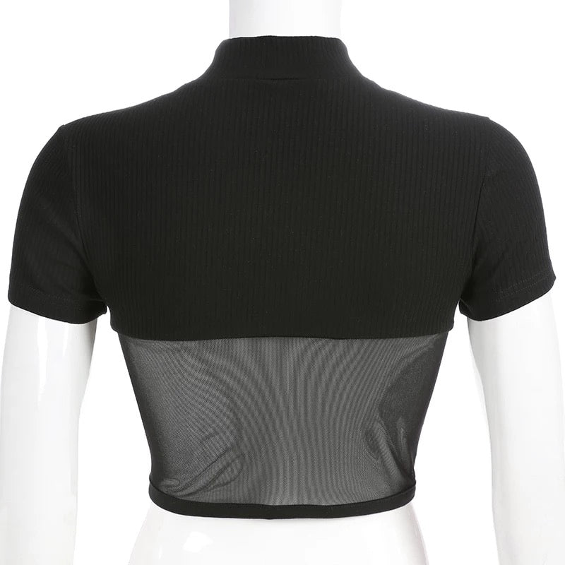 Cute Sexy Patchwork Black Mesh Crop Top Short Sleeve Shirt Tee T-shirt E-Girl Kawaii Korean Japanese Harajuku Chinese Retro Streetwear Aesthetic