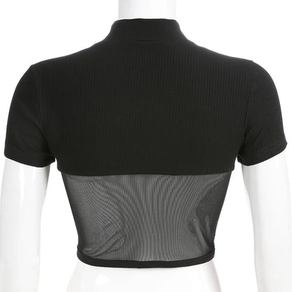 Cute Sexy Patchwork Black Mesh Crop Top Short Sleeve Shirt Tee T-shirt E-Girl Kawaii Korean Japanese Harajuku Chinese Retro Streetwear Aesthetic