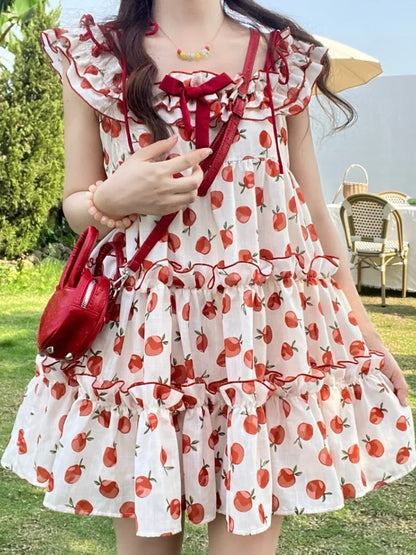 Apple Print Ruffle Mini Dress