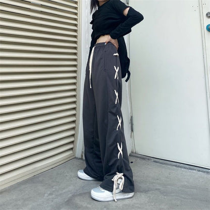 Black Side Bow Bandage High Waist Trousers