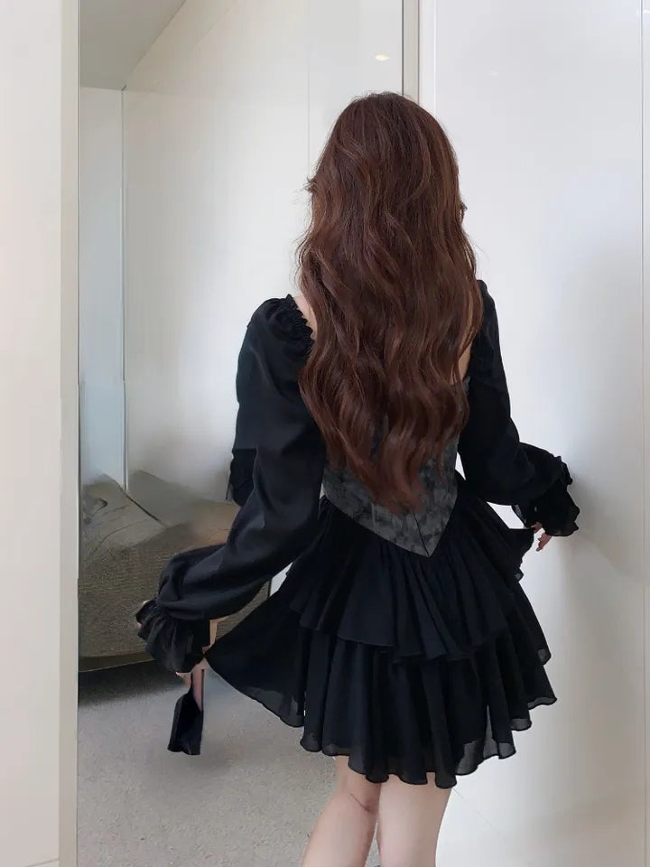 Black Floral Corset Long Sleeve Dress