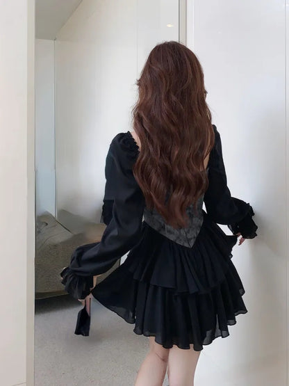 Black Floral Corset Long Sleeve Dress