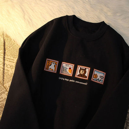 Cute Picture Frame Embroidery Velvet Thick Round Neck Sweatshirt Oversize Hoodie Pullover Sweater E-Girl Kawaii Korean Japanese Harajuku Streetwear