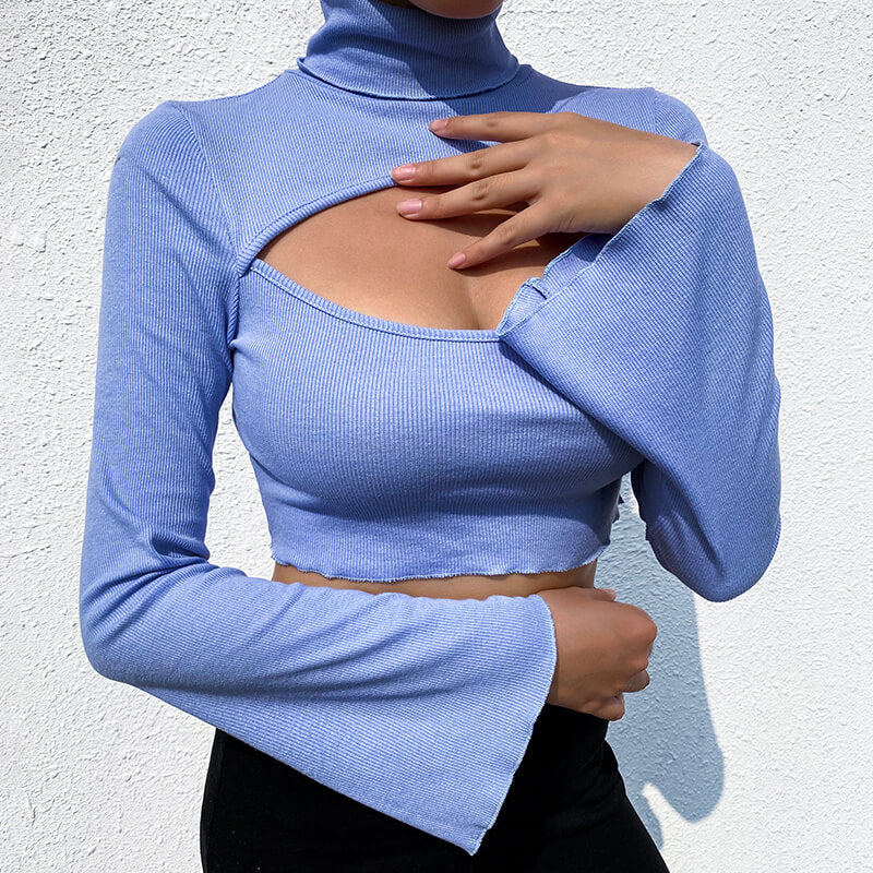 Cute Sexy Blue Cut Out Flare High Neck Knit Long Sleeve Shirt Tee T-shirt E-Girl Kawaii Korean Japanese Harajuku Chinese Retro Streetwear Aesthetic