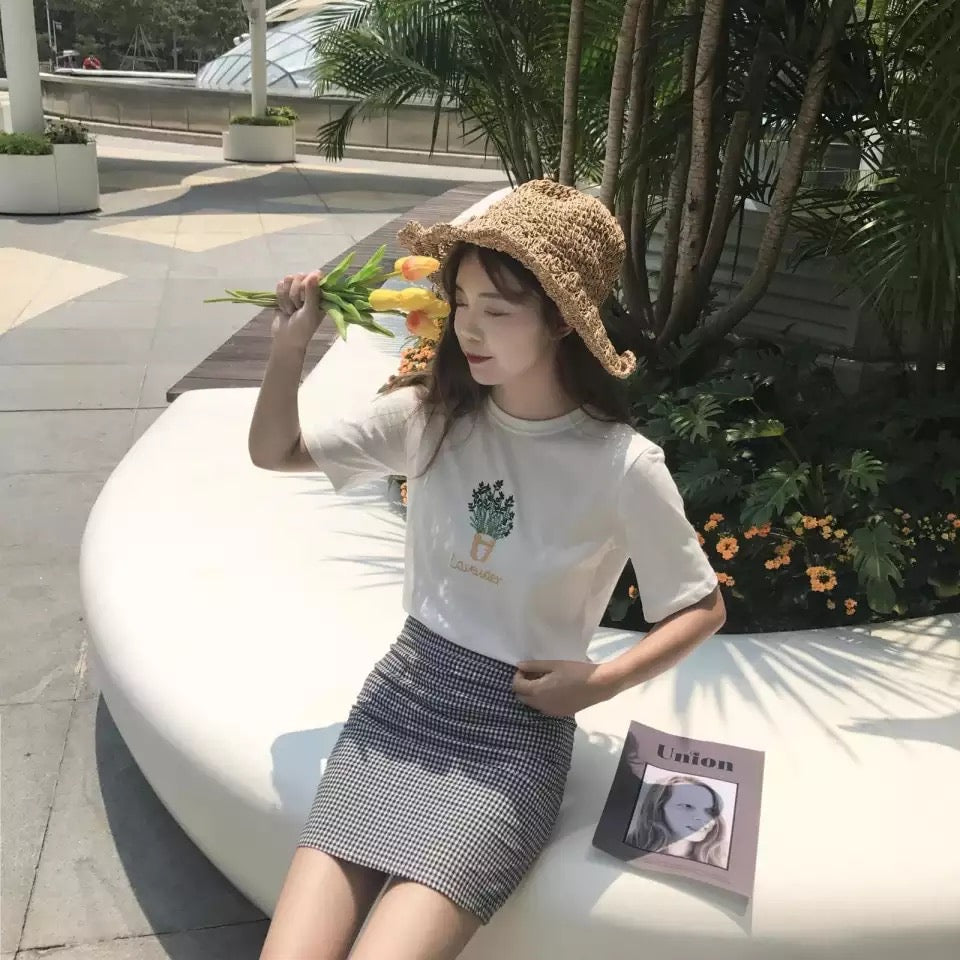 Cute Summer Lavender Plant Flower Embroidery White Loose Casual Short Sleeve Tee Shirt T-shirt Top E-Girl Kawaii Korean Japanese Harajuku Streetwear