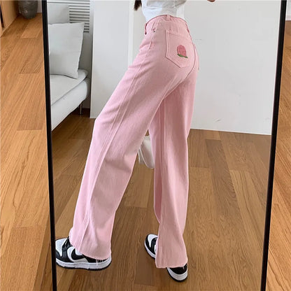 Pink Peach Embroidery Denim Pants