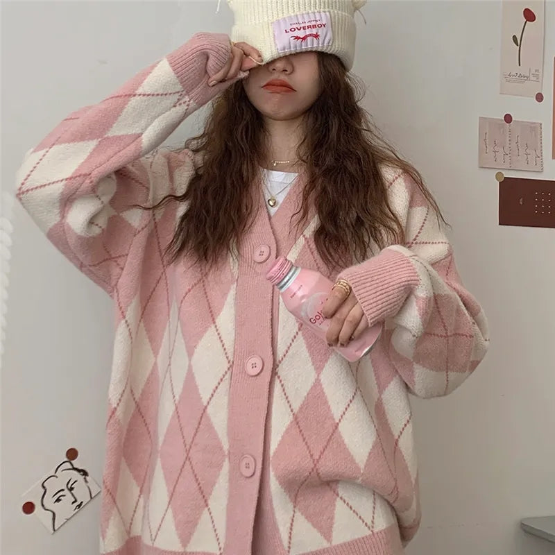 Pink Argyle V Neck Sweater