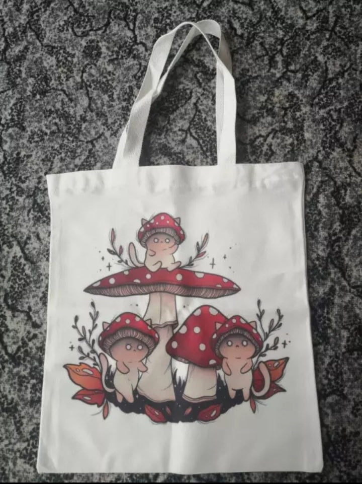 Cute Cat Ghost Mushroom Print Reusable Shopping Bag Canvas Tote Bag Shoulder Bag Aesthetic Casual E-Girl Kawaii Korean Japanese Harajuku