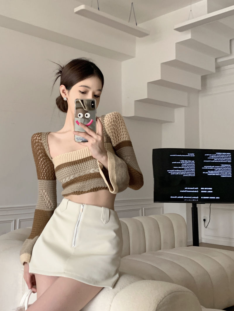 Brown Crochet Bell Sleeve Cut Out Long Sleeve Shirt