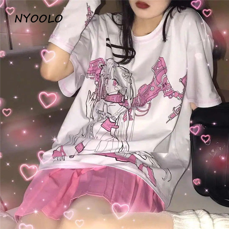 Angel Steampunk Anime Girl Cartoon Print Loose Short Sleeve T-shirt Top Summer Causal Goth Punk E-Girl Kawaii Korean Japanese Harajuku Streetwear