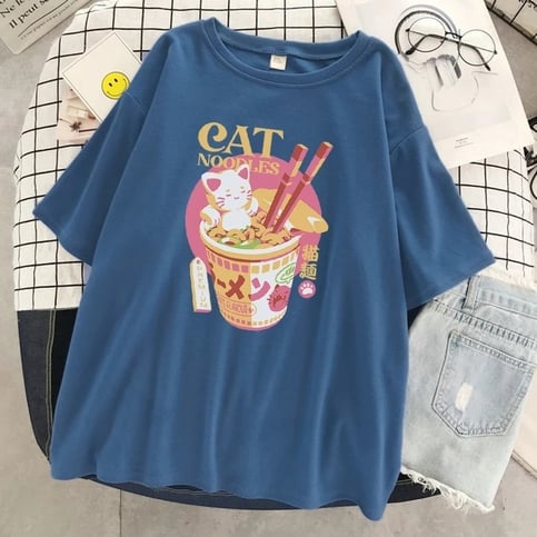 Cute Cat Noodle Ramen Graphic Cartoon Print Loose Short Sleeve T-shirt Aesthetic Casual Summer E-Girl Kawaii Korean Japanese Harajuku