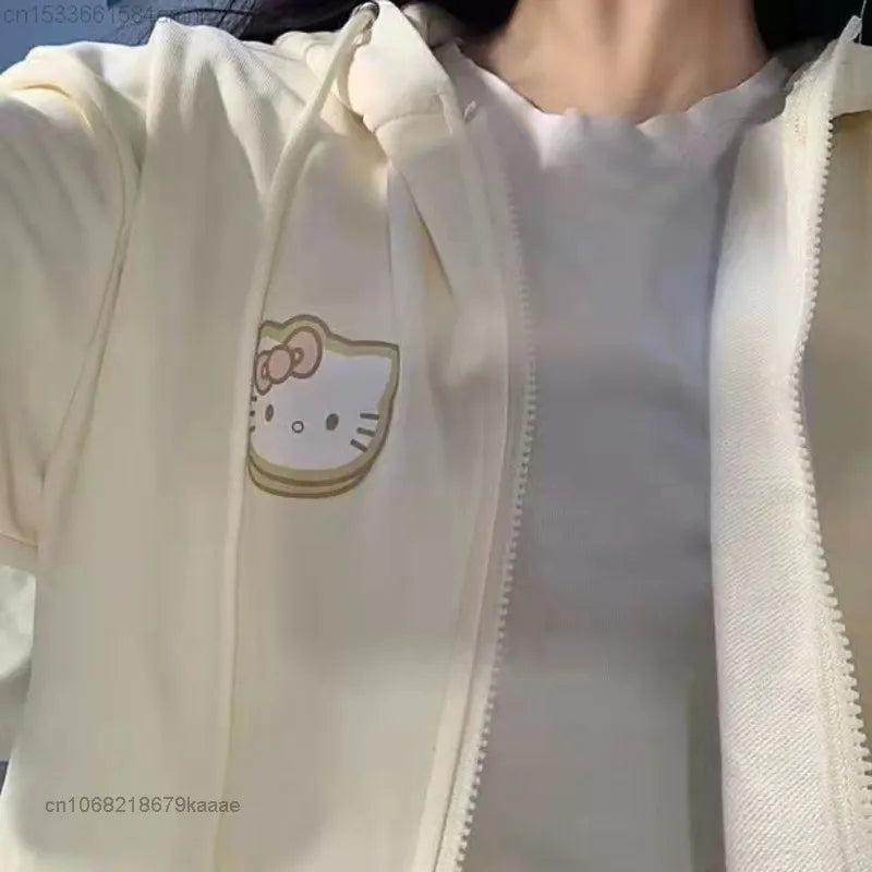 Yellow Cat Cartoon Print Zip Up Hoodie