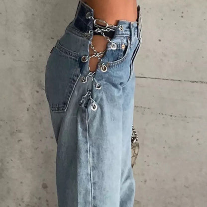 Chain High Waist Straight Denim Jeans Legs Light Blue Pants Summer Aesthetic Casual E-Girl Kawaii Korean Japanese Harajuku