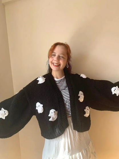 3D Black Ghost Crochet Sweater