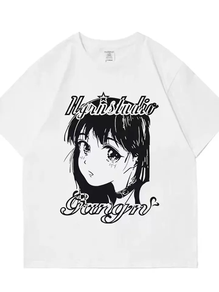 Anime Girl Print Oversized Short Sleeve T-shirt