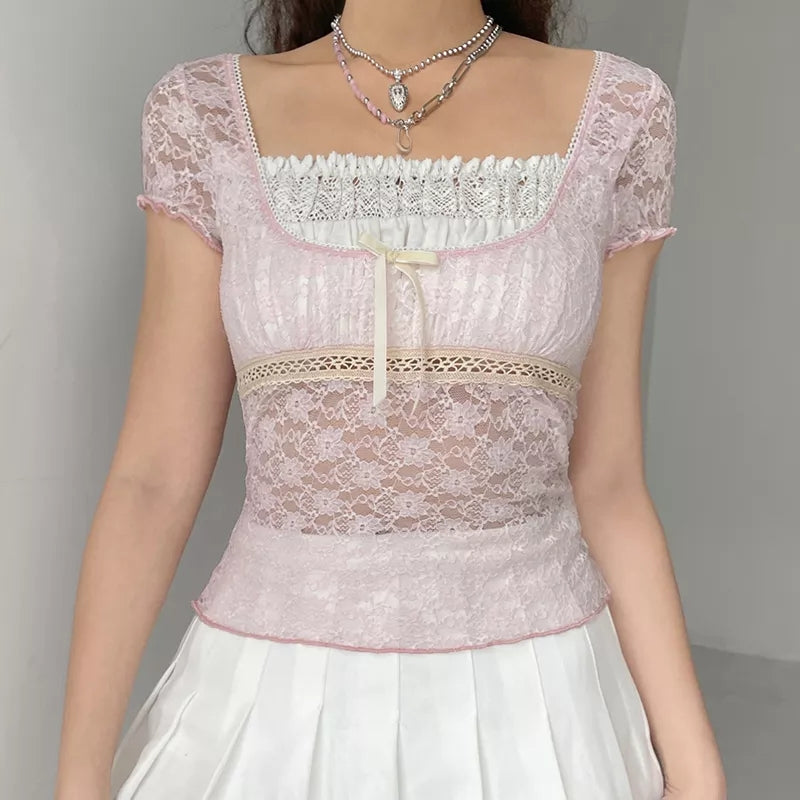 Cute Sweet Pink Lace Trim Short Sleeve Shirt Crop Top Summer Aesthetic Casual E-Girl Kawaii Korean Japanese Harajuku