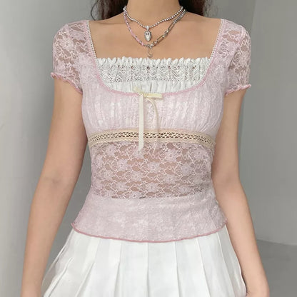 Cute Sweet Pink Lace Trim Short Sleeve Shirt Crop Top Summer Aesthetic Casual E-Girl Kawaii Korean Japanese Harajuku