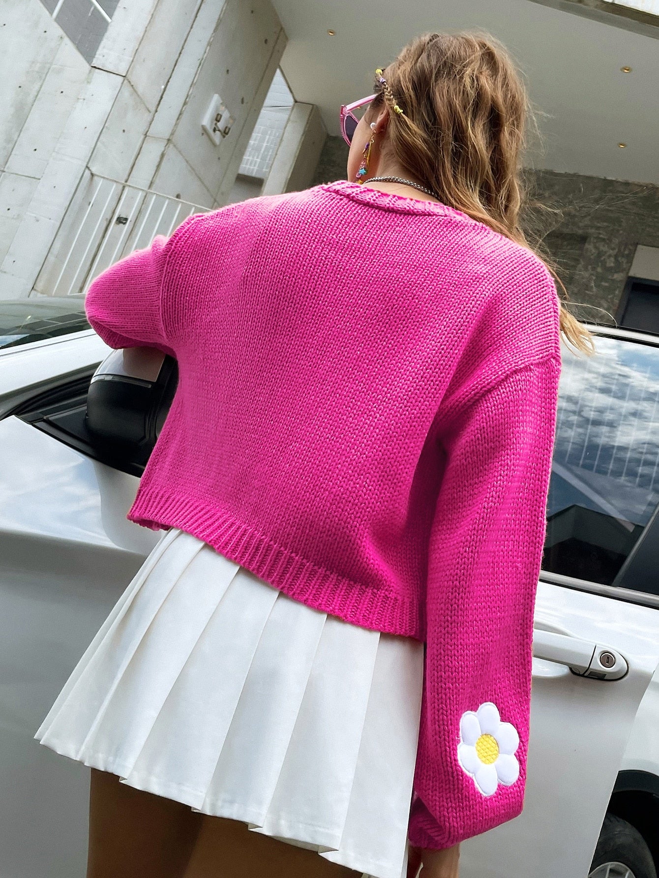 Floral Crochet Knit Lantern Sleeve Cardigan