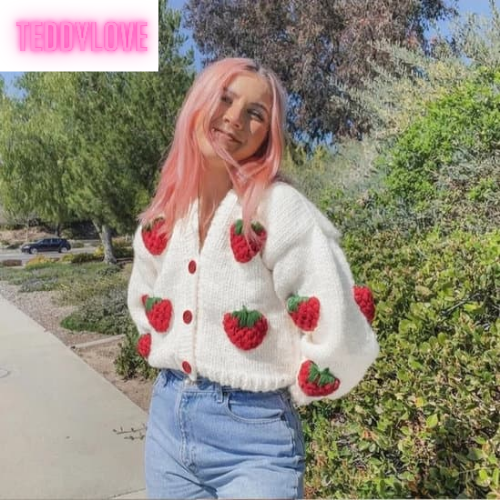 Cute White Strawberry Crochet Loose Cardigan Long Sleeve V Neck Sweater Aesthetic Casual Summer E-Girl Kawaii Korean Japanese Harajuku