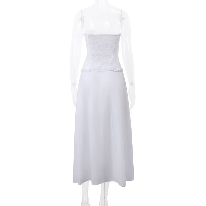 2PCS White Strapless Lace Ruffle Top + Long Skirt Set