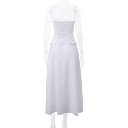 2PCS White Strapless Lace Ruffle Top + Long Skirt Set