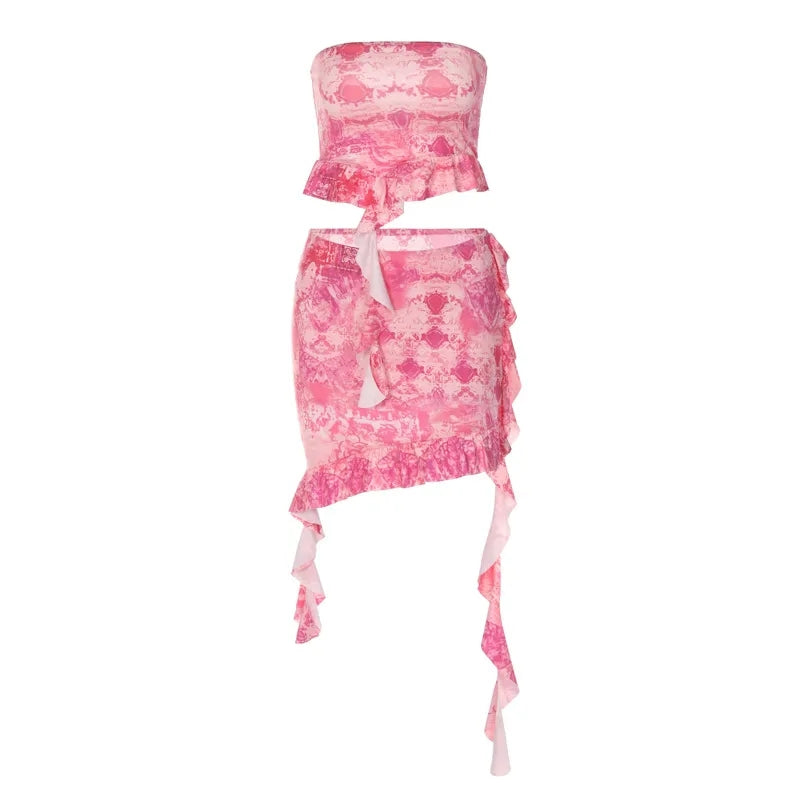 2PCS Pink Irregular Strapless Tube Top + Ruffled Mini Skirt